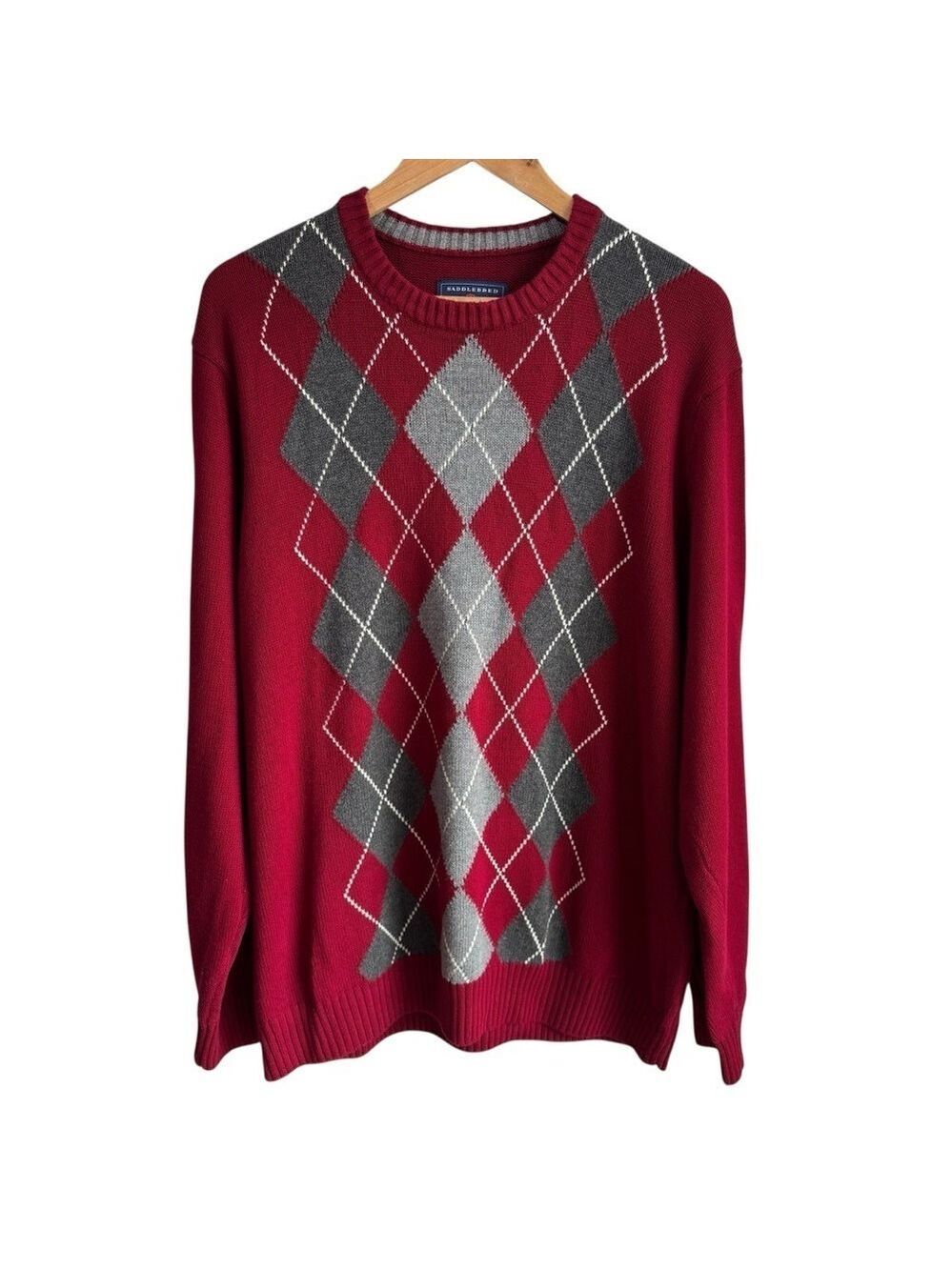 Saddlebred Argyle Sweater Mens XL Red Grey Crewneck Pullover Preppy Golf EUC